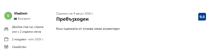 Отзив от Vladimir с оценка 9 в Booking.com